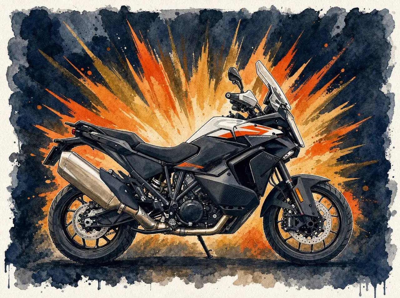 Watercolor illustration of the KTM 1390 Super Adventure S Evo adventure motorcycle