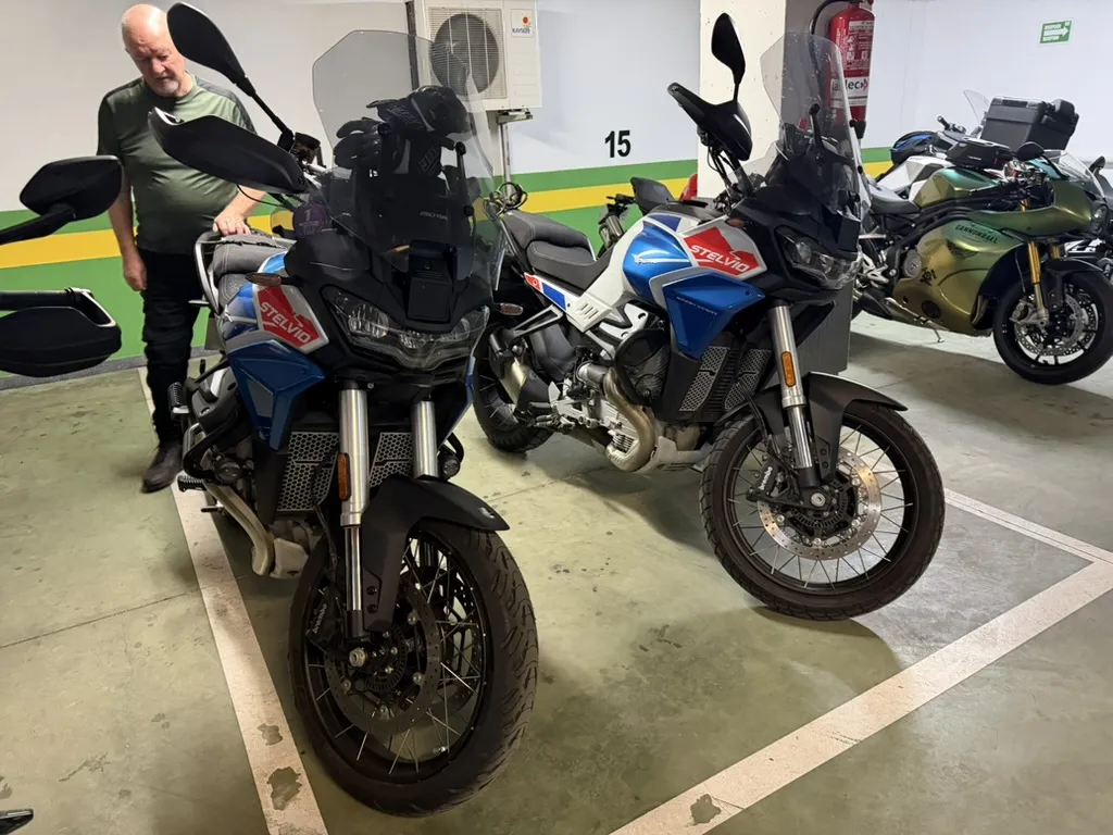 Moto Guzzi Stelvios lined up in the Santander hotel garage