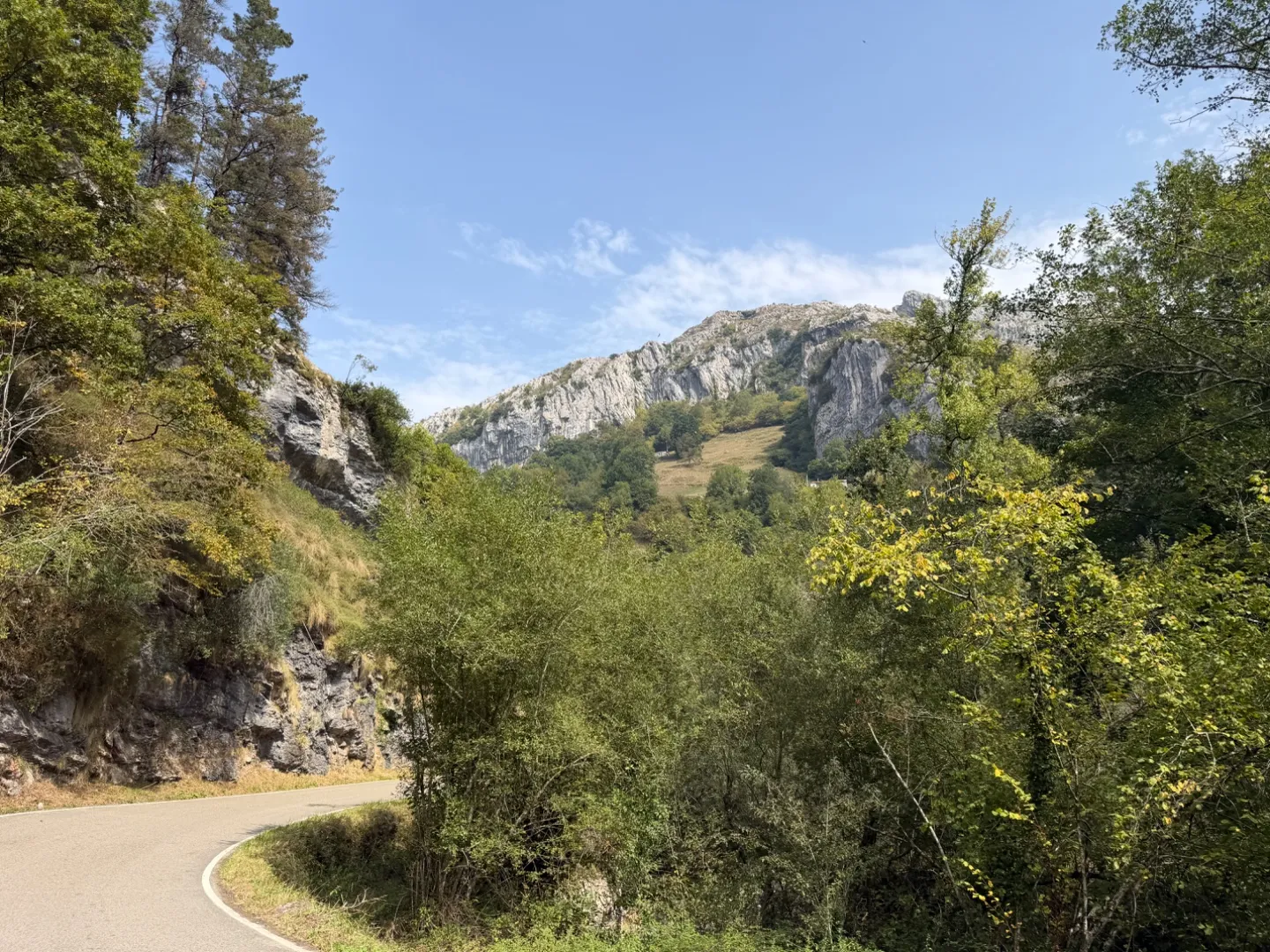 Winding mountain road through green wooded valleys and limestone peaks on the way to Santander