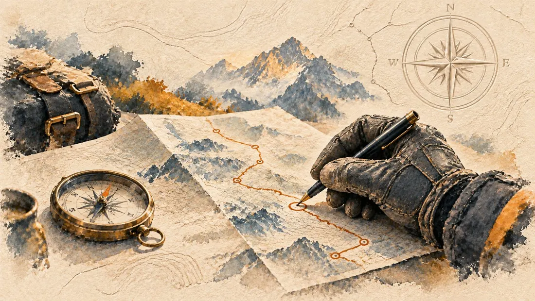 Watercolour illustration of route planning with map and compass