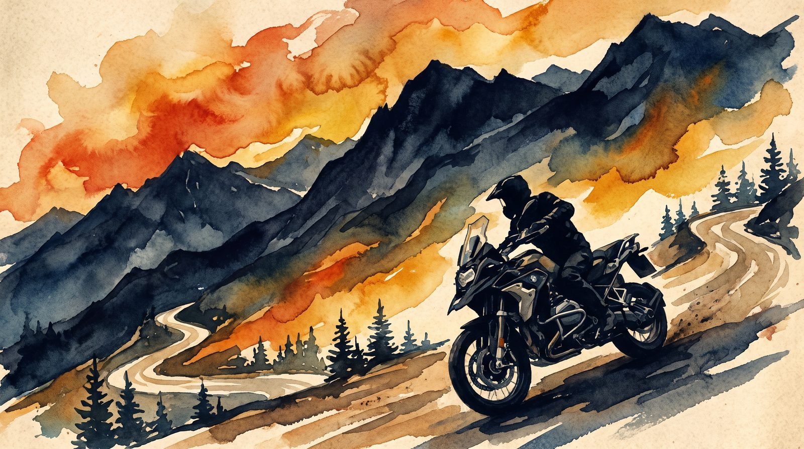 Watercolor illustration of a motorcyclist leaning into a mountain switchback at sunset