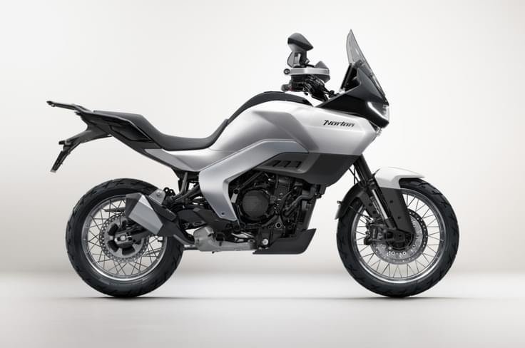 Real photo of the 2026 Norton Atlas adventure-tourer in silver, side profile