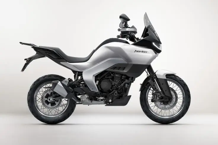 Real photo of the 2026 Norton Atlas adventure-tourer in silver, side profile