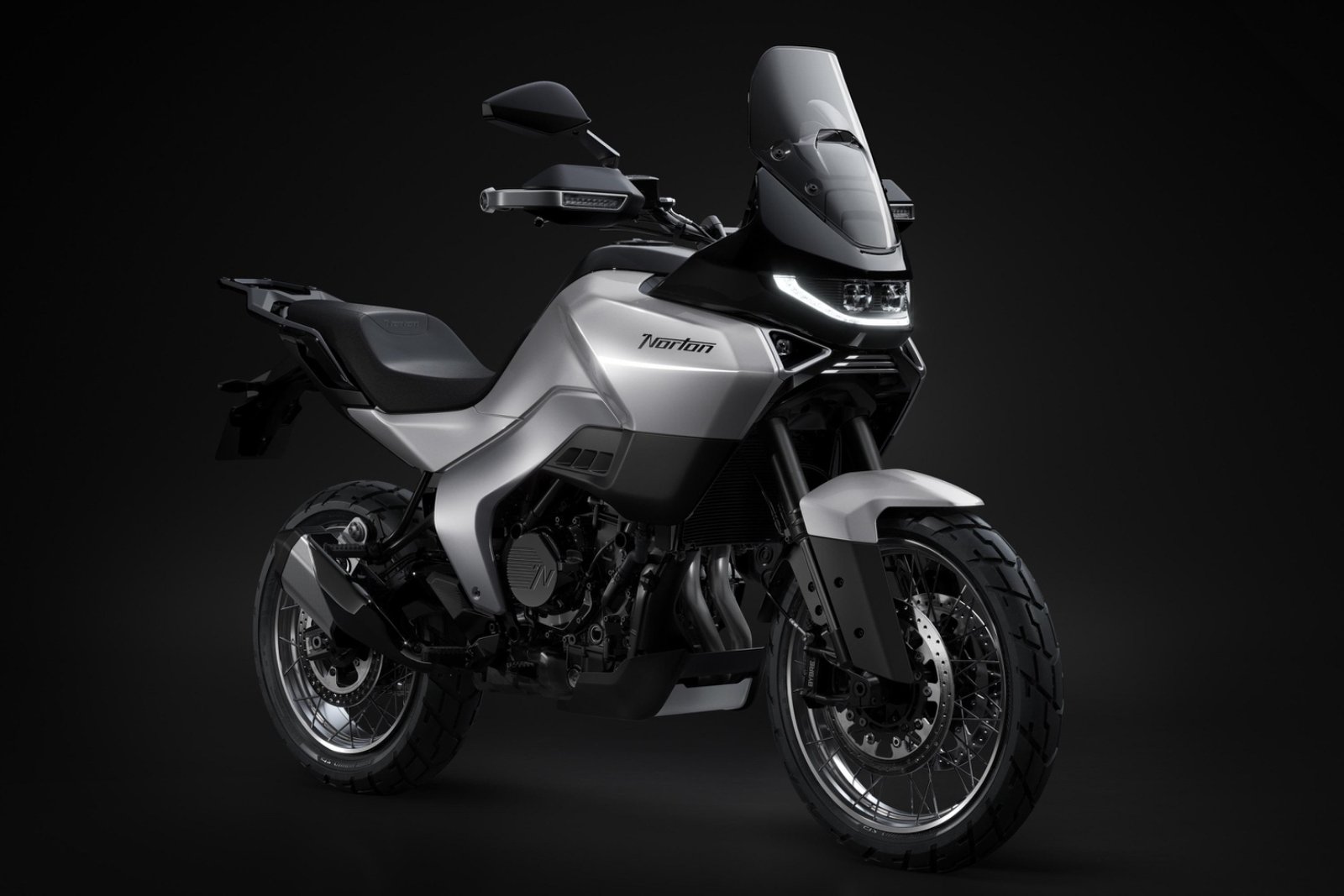 Real photo of the 2026 Norton Atlas adventure-tourer in silver, three-quarter front angle
