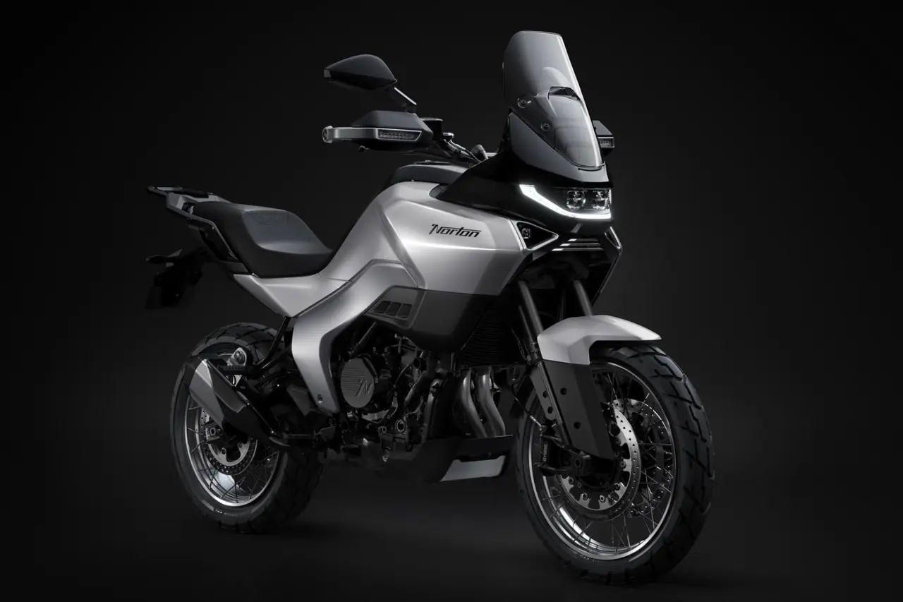 Real photo of the 2026 Norton Atlas adventure-tourer in silver, three-quarter front angle
