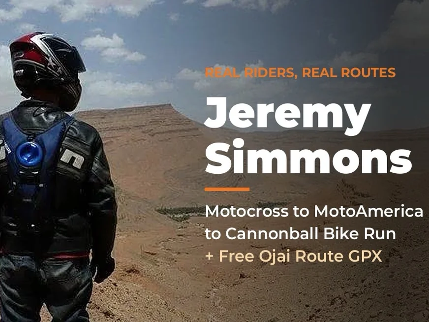 Jeremy Simmons in riding gear looking out over the Moroccan desert, with the title Real Riders, Real Routes: Jeremy Simmons