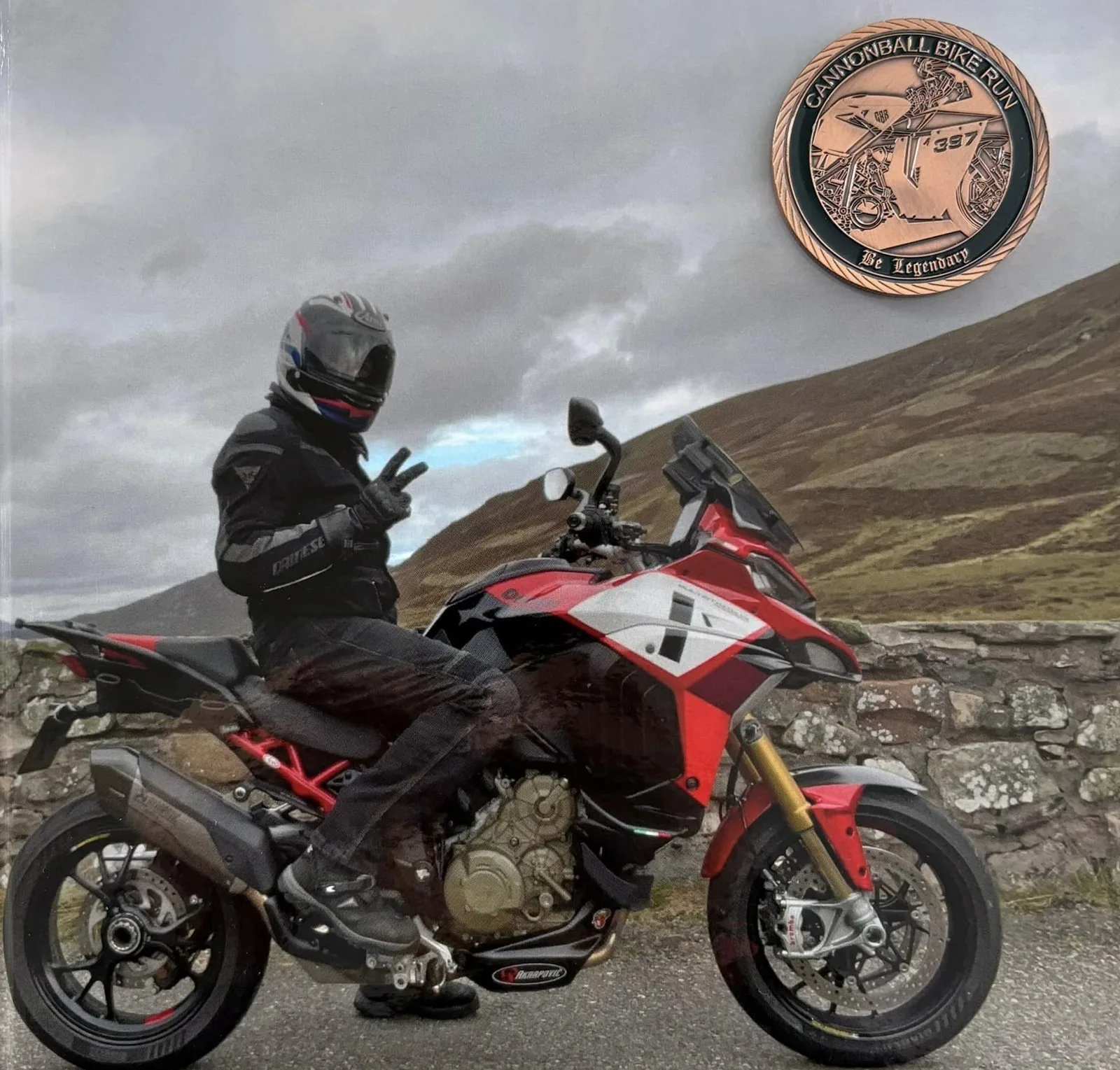 Cannonball legend Jim Horne on his Ducati Multistrada V4 Pikes Peak at the wee bridge, Glenshee, on a chilly day