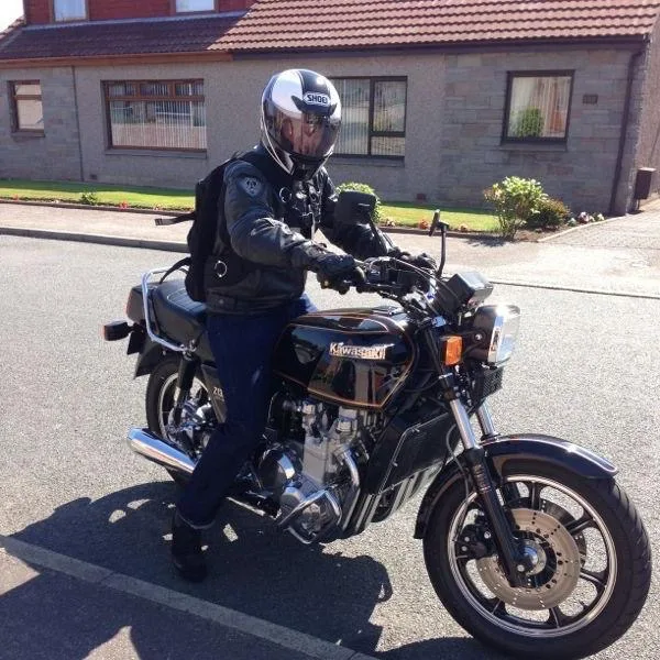Jim Horne on his black and gold Kawasaki Z1300 six-cylinder motorcycle