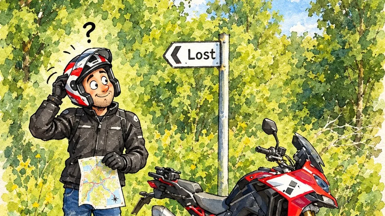 Watercolour cartoon of Cannonball legend Jim Horne lost under a signpost in the Scottish Highlands