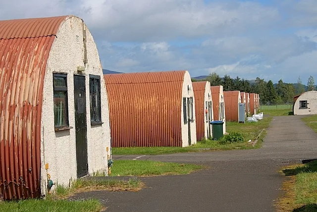 Rows of Nissen huts at Cultybraggan Camp, the former WW2 prisoner of war camp near Comrie