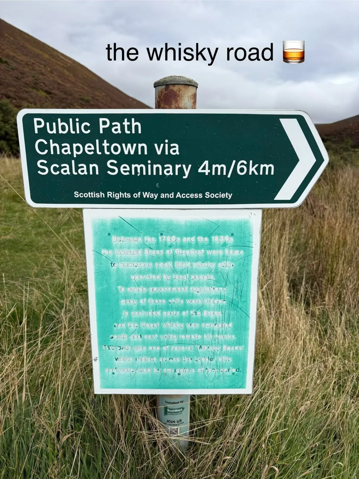 Scottish Rights of Way signpost to Chapeltown via Scalan on the whisky road