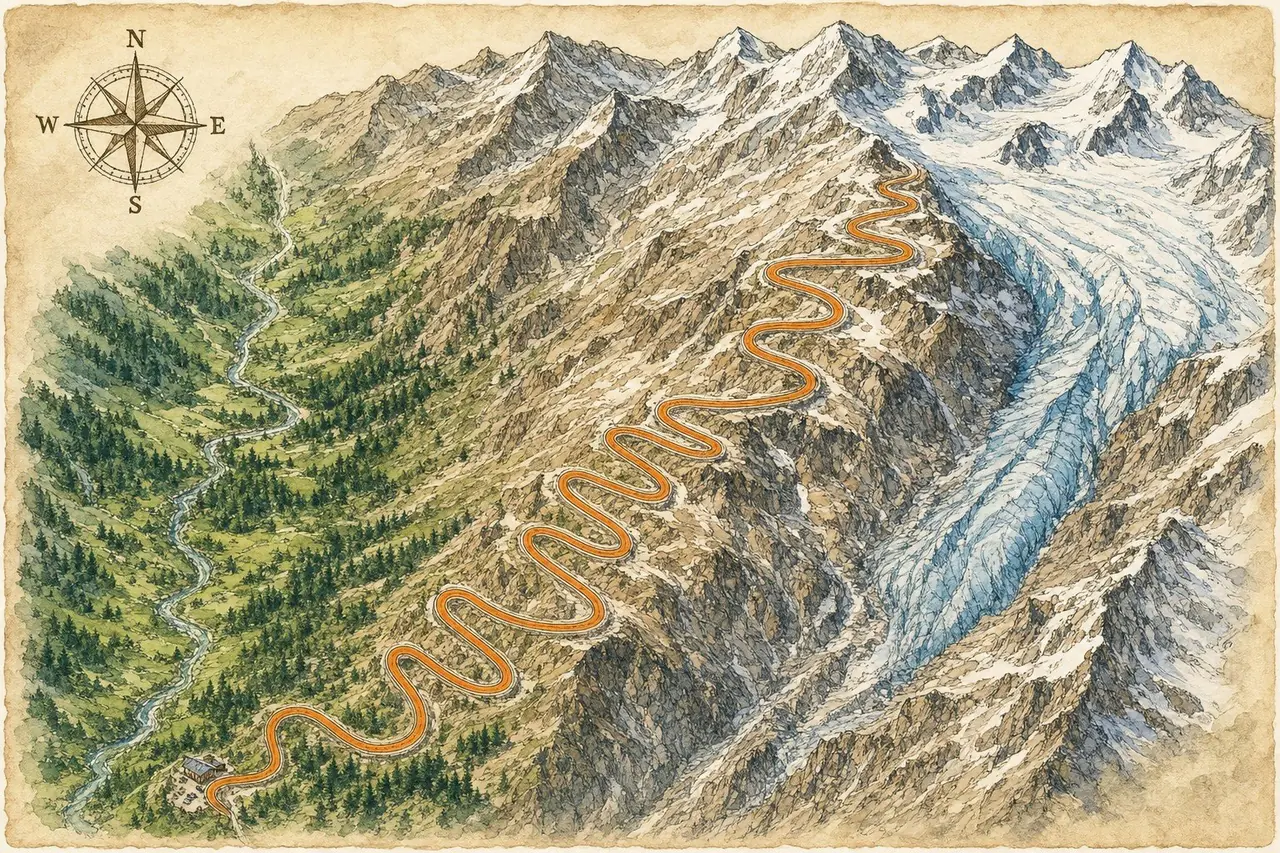 Hand-drawn watercolor map illustration of the Grossglockner Hochalpenstrasse route