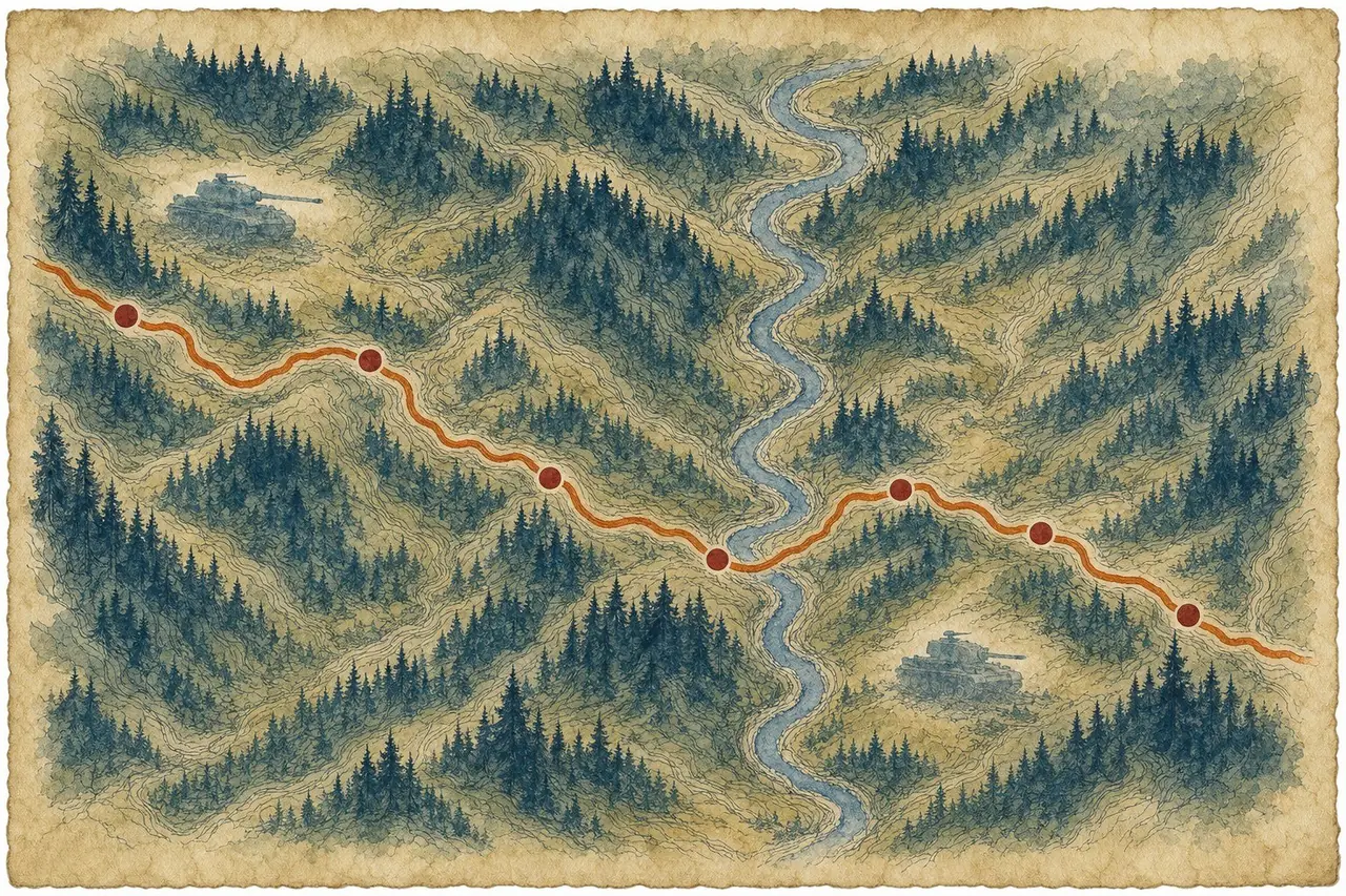 Hand-drawn watercolor map illustration of the Ardennes Tank Tour route through Belgium and Luxembourg