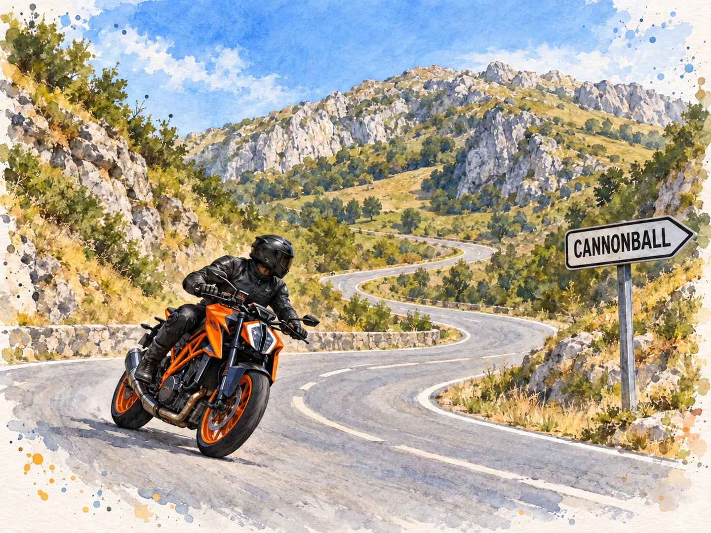 Watercolour of a rider in black on an orange KTM 1290 Super Duke passing a Cannonball road sign on a winding mountain road on the Bilbao to Santander motorcycle route