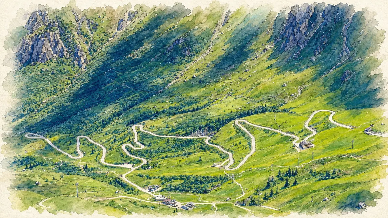 Hand-drawn watercolour illustration of stacked hairpin bends climbing a green alpine pass road in the Dolomites