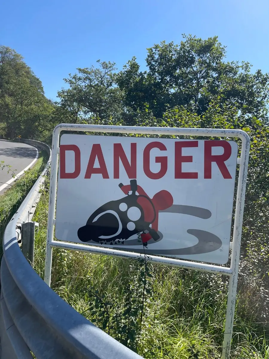A roadside warning sign reading DANGER with a graphic of a fallen motorcycle, standing behind Armco barrier on the outside of a blind bend