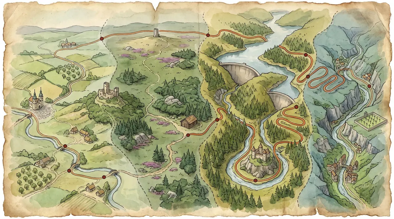 Hand-drawn watercolour map illustration of the Four Countries in a Day motorcycle route, showing the four territories it crosses between Maastricht, the Eifel dams, Luxembourg and Valkenburg
