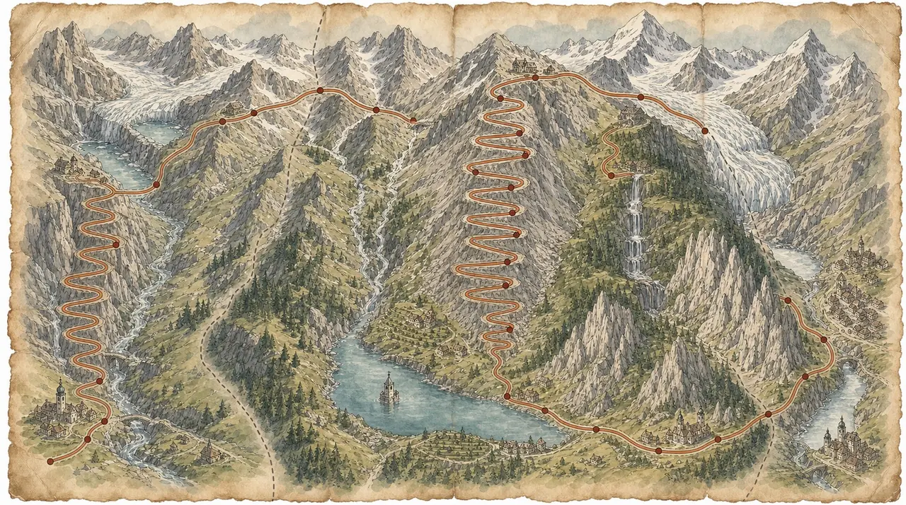 Hand-drawn watercolour map illustration of the Grand Alpine Traverse motorcycle route from Airolo to St Moritz across Switzerland, Italy and Austria