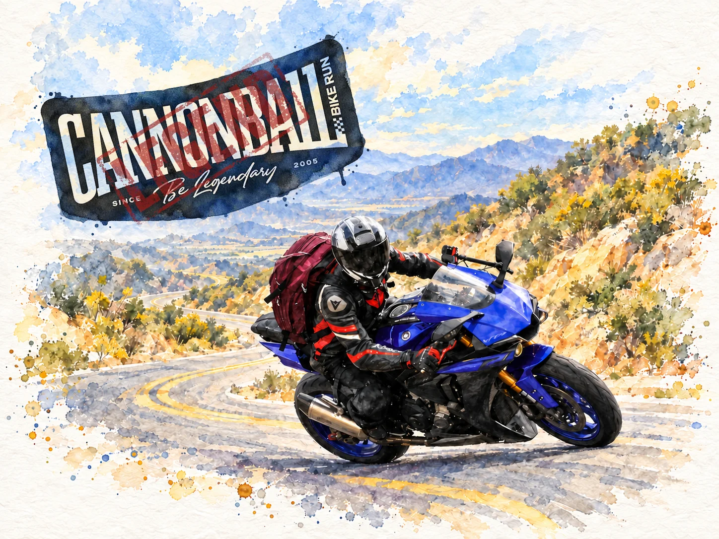 Watercolour of Jeremy Simmons cornering his blue Yamaha R1 on a mountain road above Ojai, with a Cannonball Bike Run Legend badge stamped in the sky