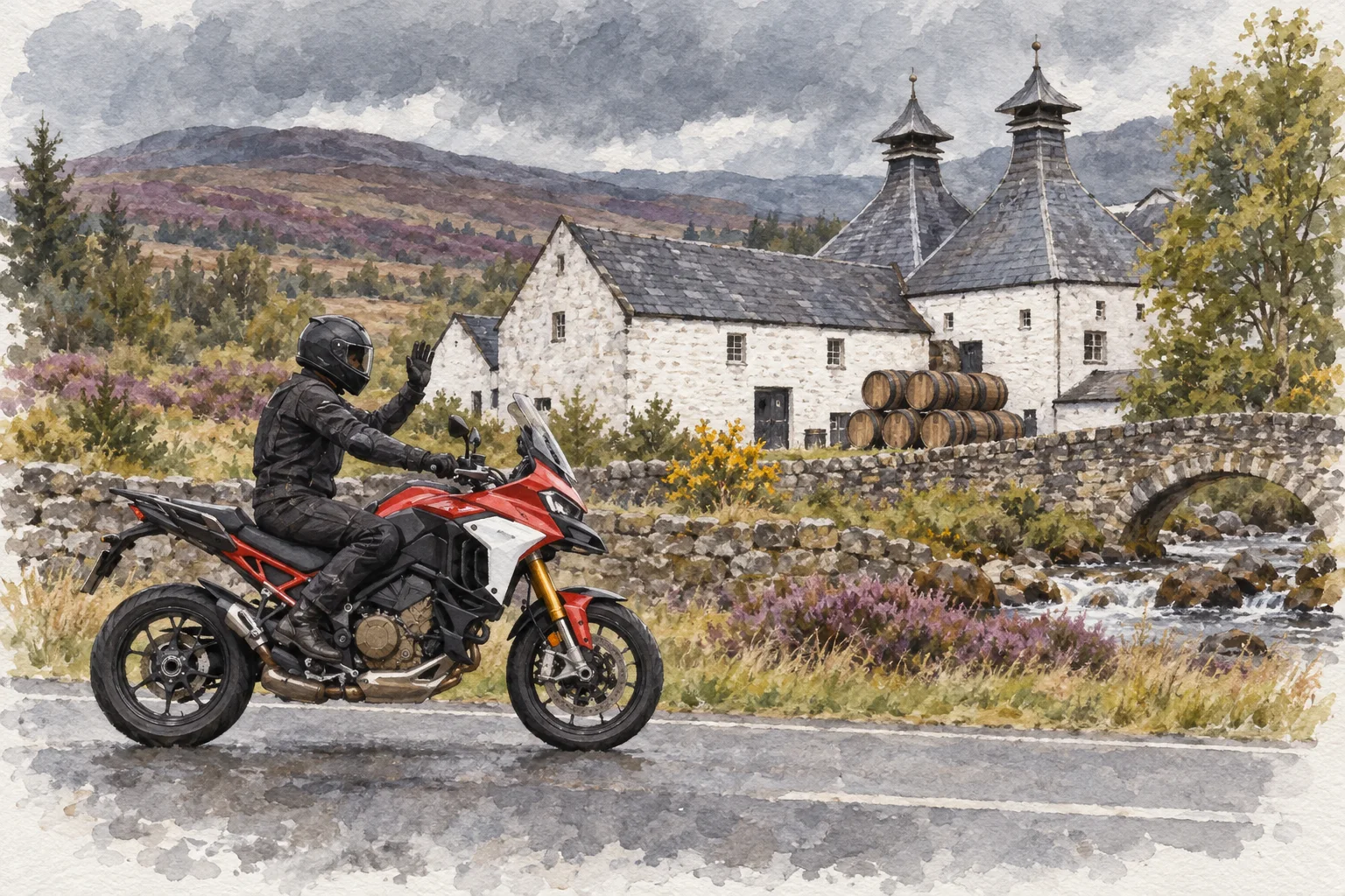 Watercolour of Jim Horne on his Ducati Multistrada V4 Pikes Peak passing a Speyside whisky distillery