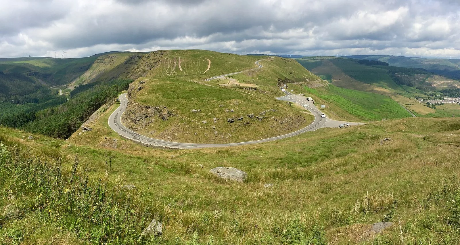 The A4061 Bwlch mountain road looping round the hillside at Bwlch-y-Clawdd, between the Ogmore and Rhondda valleys