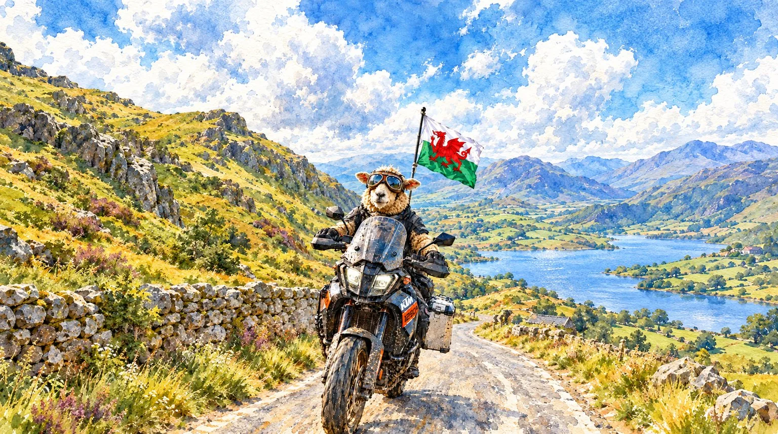 Watercolour of a goggled sheep riding a KTM 1290 adventure bike on a Welsh mountain road, with the red dragon flag flying behind, on the Ultimate Wales Part One motorcycle route