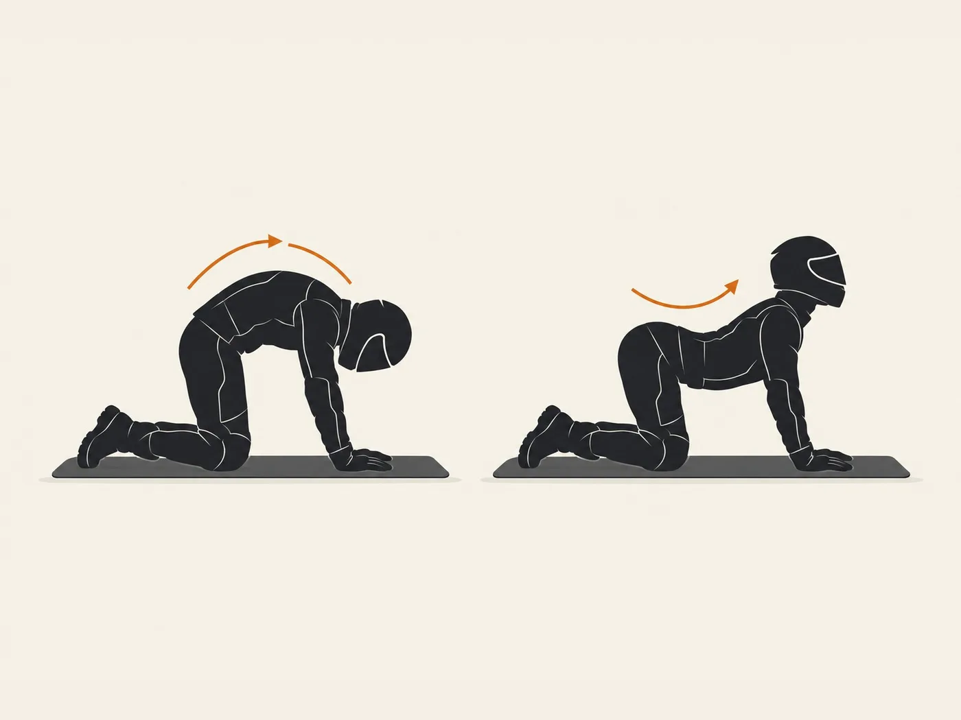 Motorcyclist silhouette on hands and knees showing rounded and arched back positions