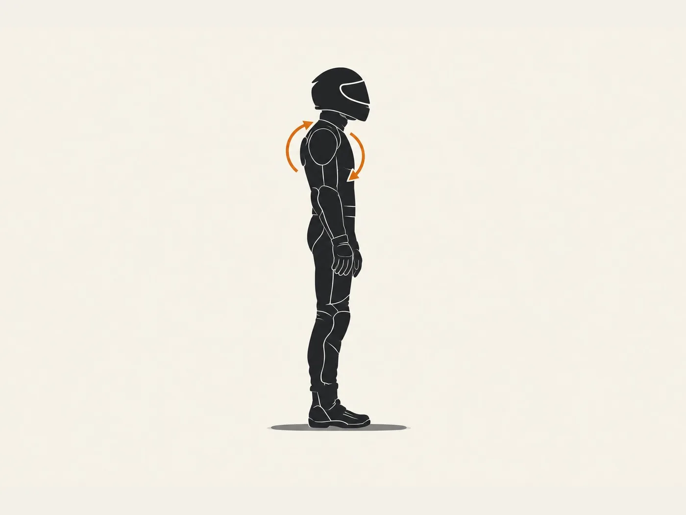 Motorcyclist silhouette standing with arrows showing shoulder rolls
