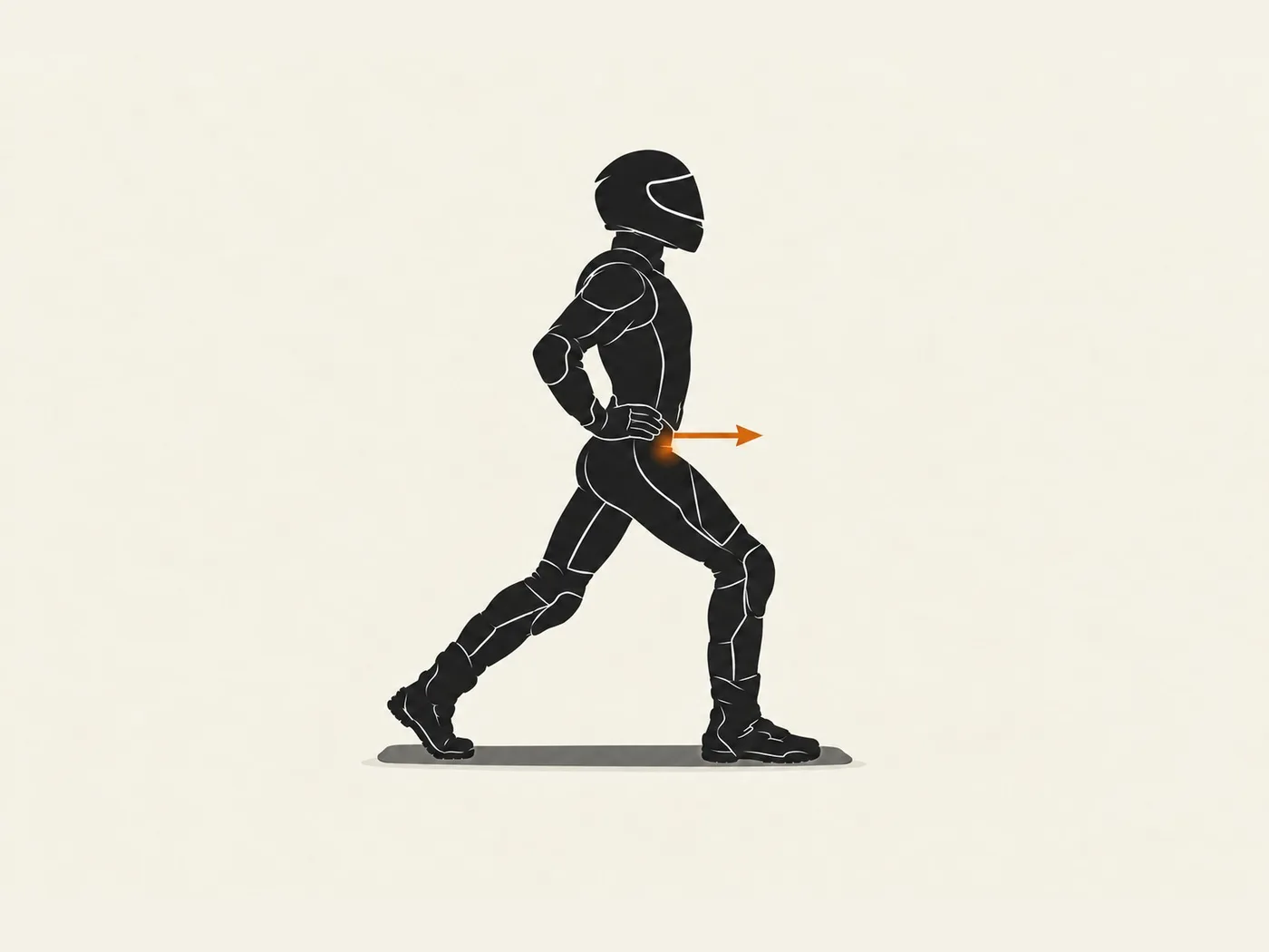 Motorcyclist silhouette in a split stance pushing the hips forward
