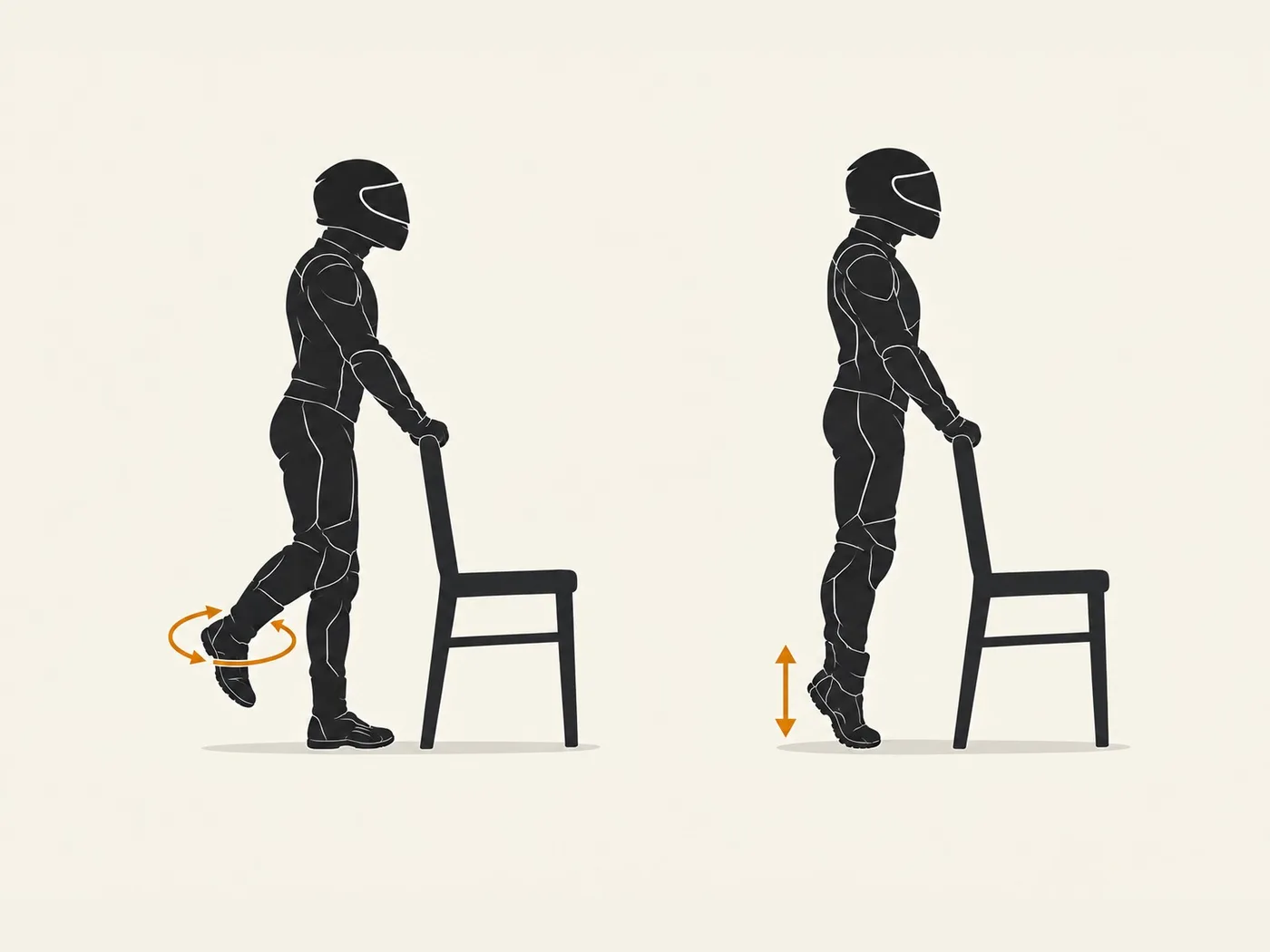 Motorcyclist silhouette holding a chair, circling an ankle and rising onto tiptoes