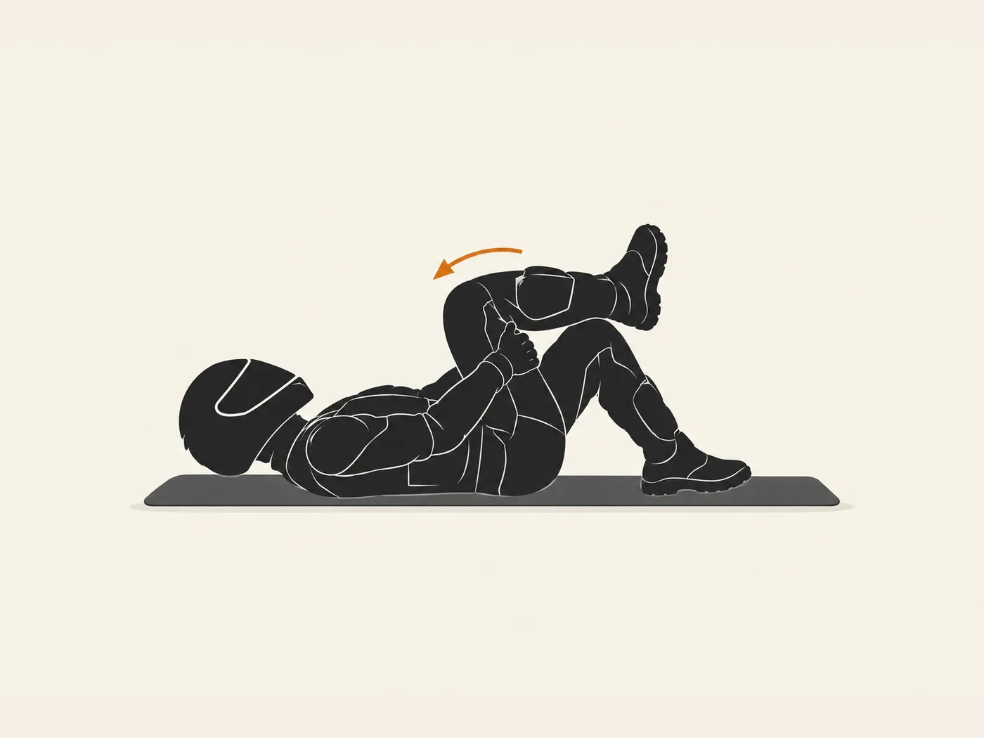 Motorcyclist silhouette lying on their back in a figure-four hip stretch