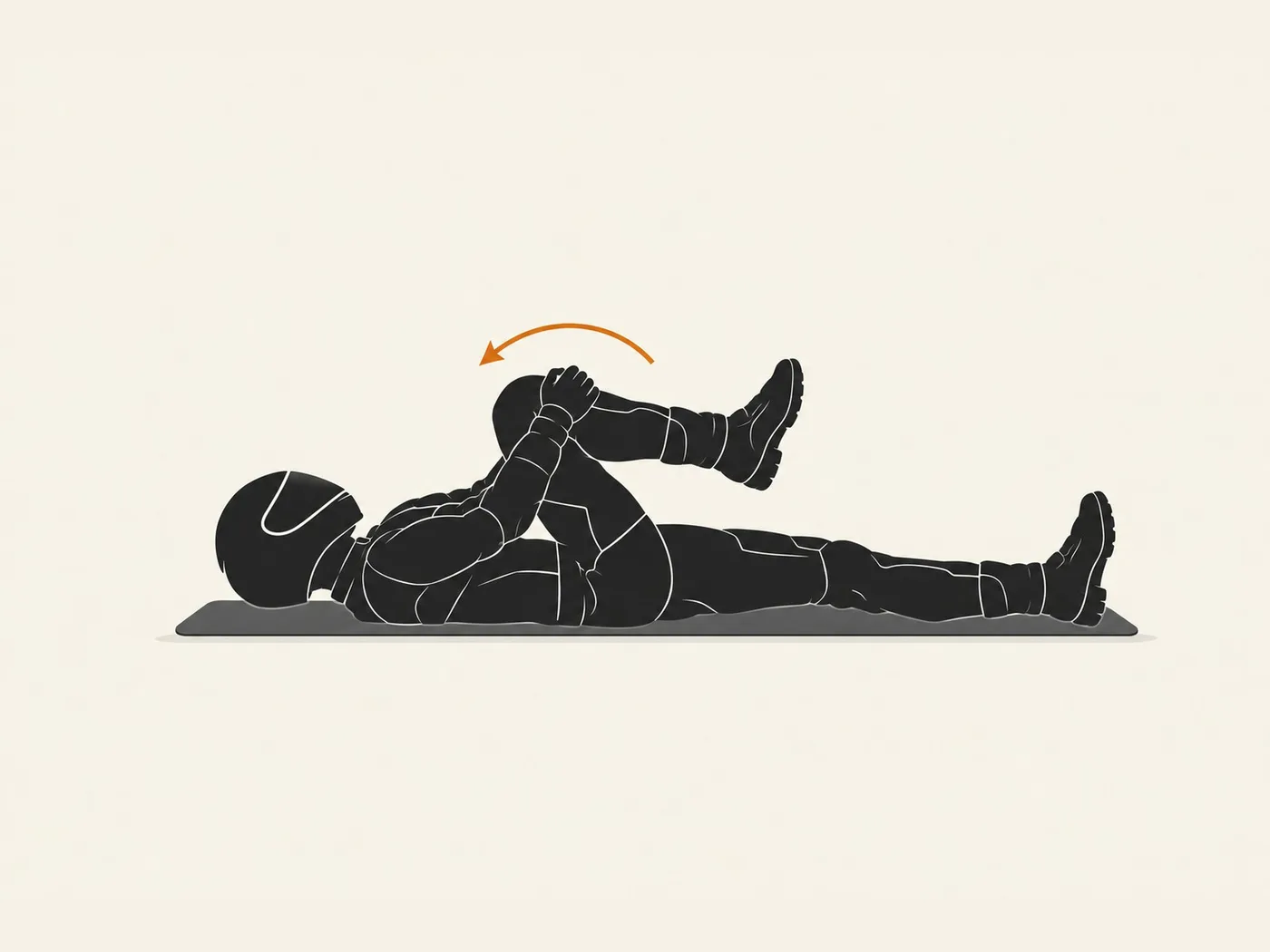 Motorcyclist silhouette lying down drawing one knee towards the chest