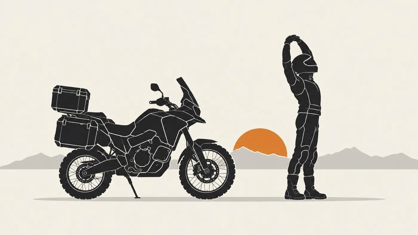 Silhouette of a helmeted motorcyclist stretching beside a loaded touring motorcycle at sunrise